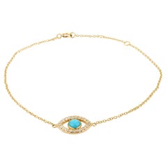 Minimalistisches Armband aus 18 Karat massivem Gelbgold mit Türkis und Diamant Evil Eye Kette