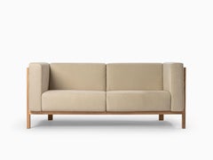 LIFT - Minimalist 2 Seats Sofa in Solid Oak Wood and Pearl Fabric Seat