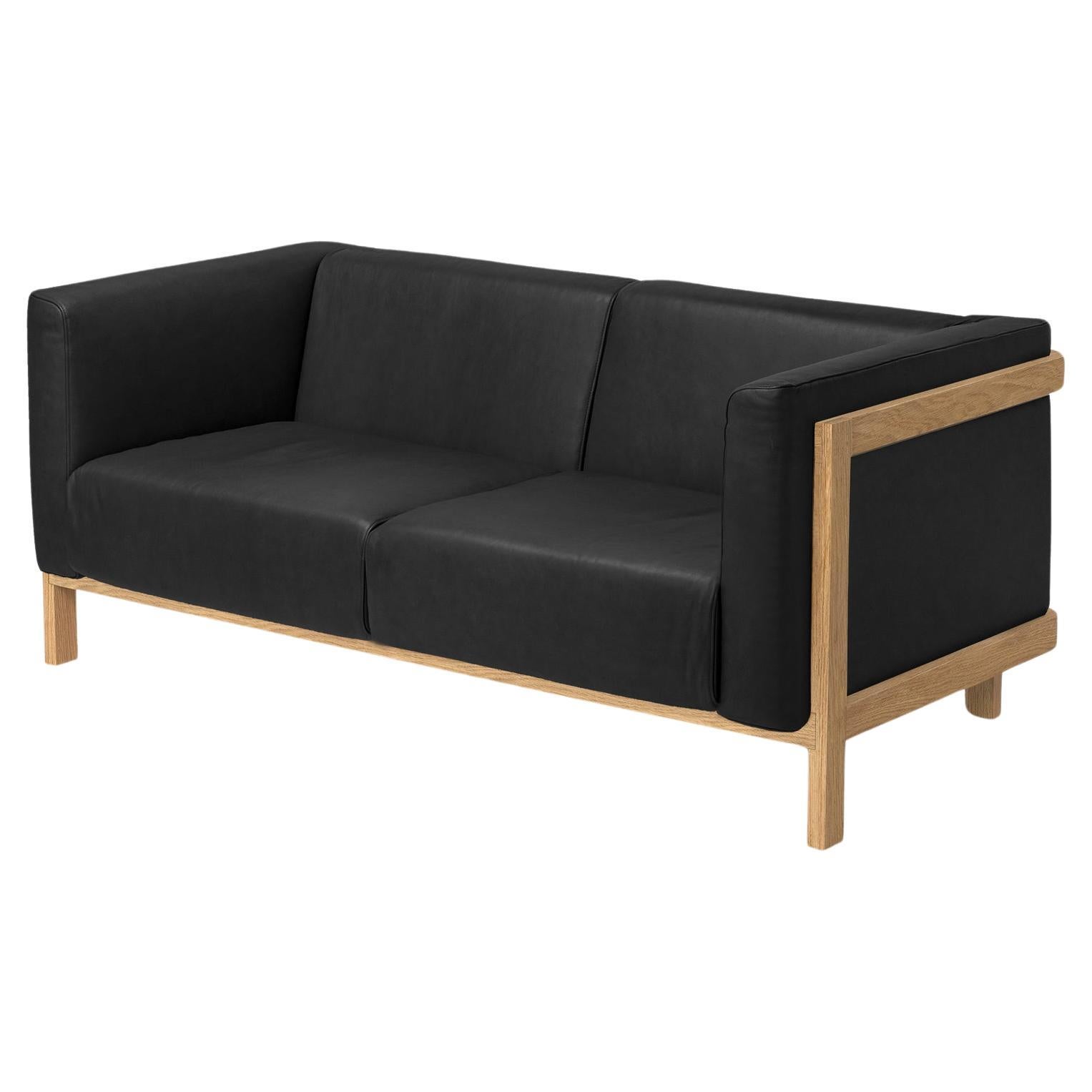 Minimalist two seater sofa oak - leather upholstered For Sale