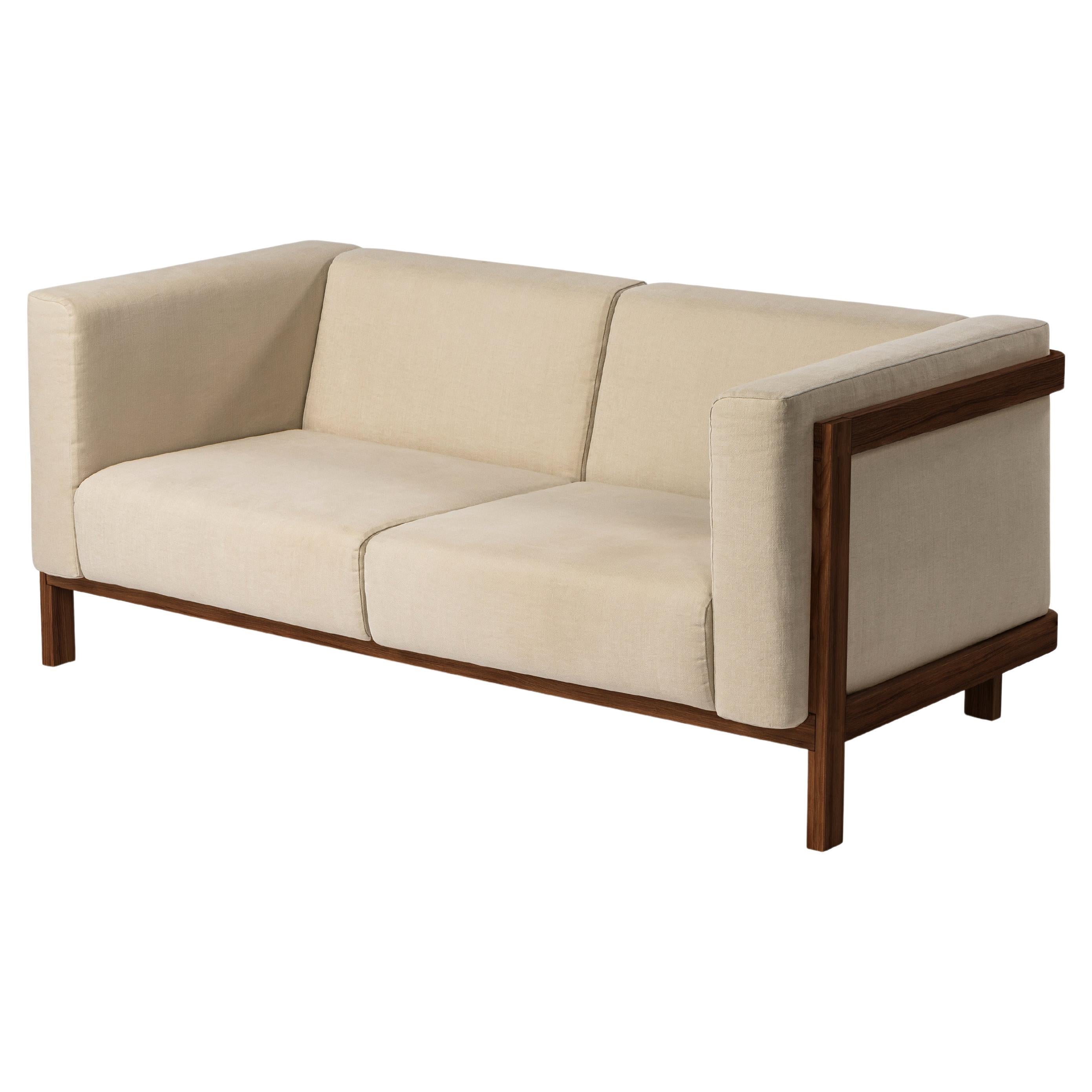 Minimalist two seater sofa walnut - fabric upholstered For Sale