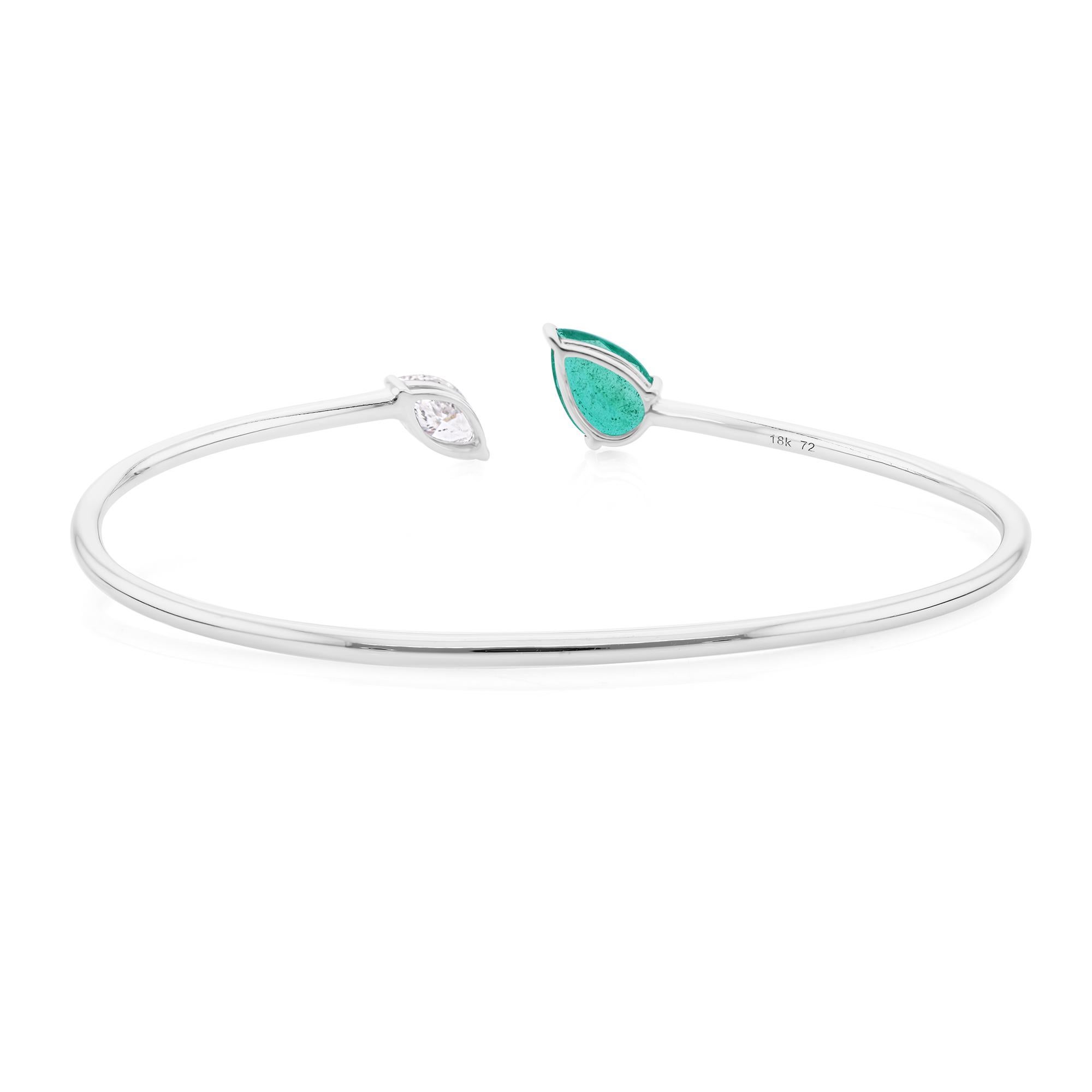 Bracelet manchette minimaliste à deux pierres 1.18Ct Emerald Diamond 14k White Gold en vente 7