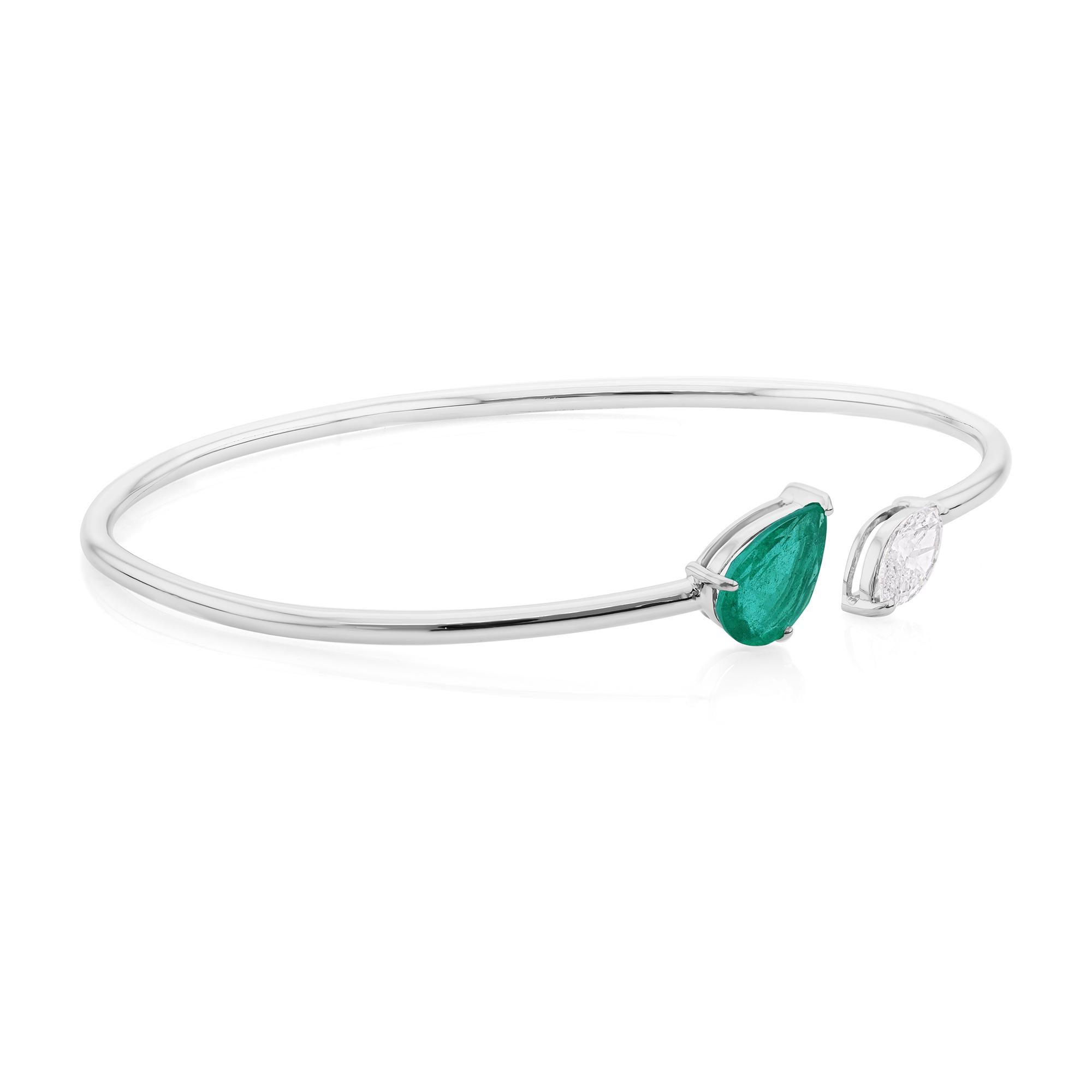 Bracelet manchette minimaliste à deux pierres 1.18Ct Emerald Diamond 18k White Gold en vente 6