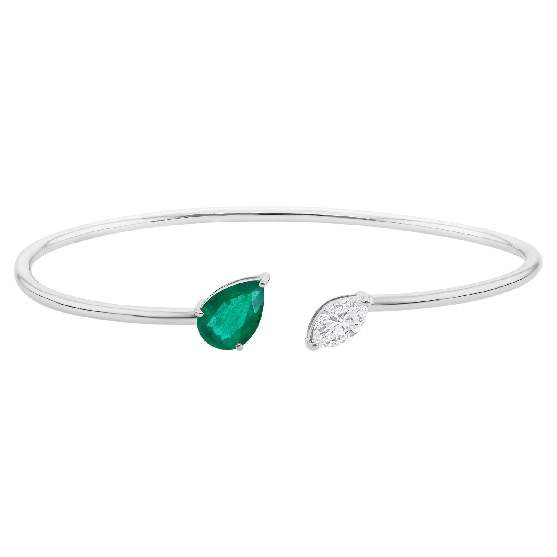 Bracciale minimalista con due pietre e smeraldo e diamante da 1,18 carati in oro bianco 18 carati