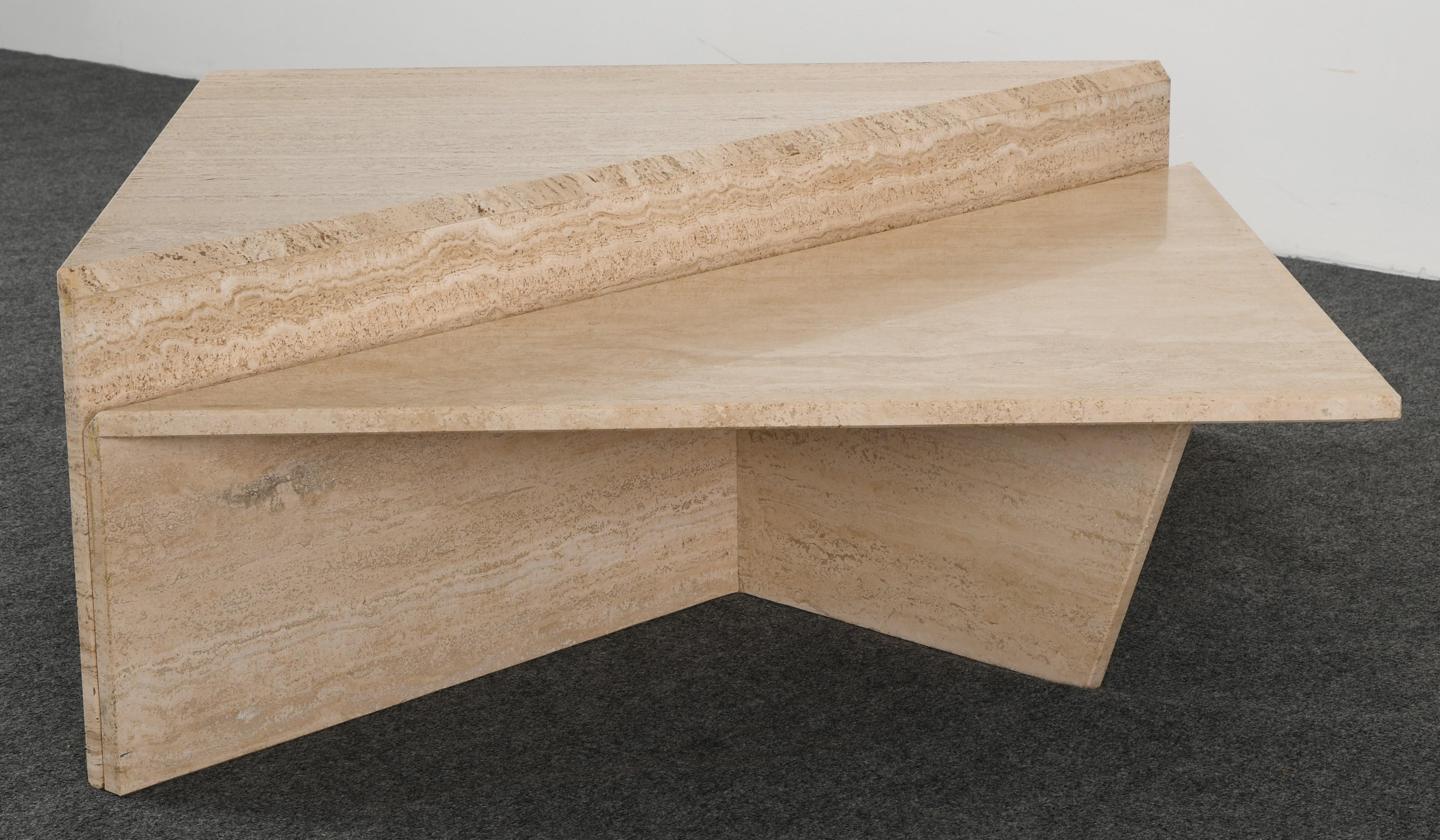 Minimalist Two Tier Travertine Marble Coffee Table, 1980s In Good Condition In Hamburg, PA