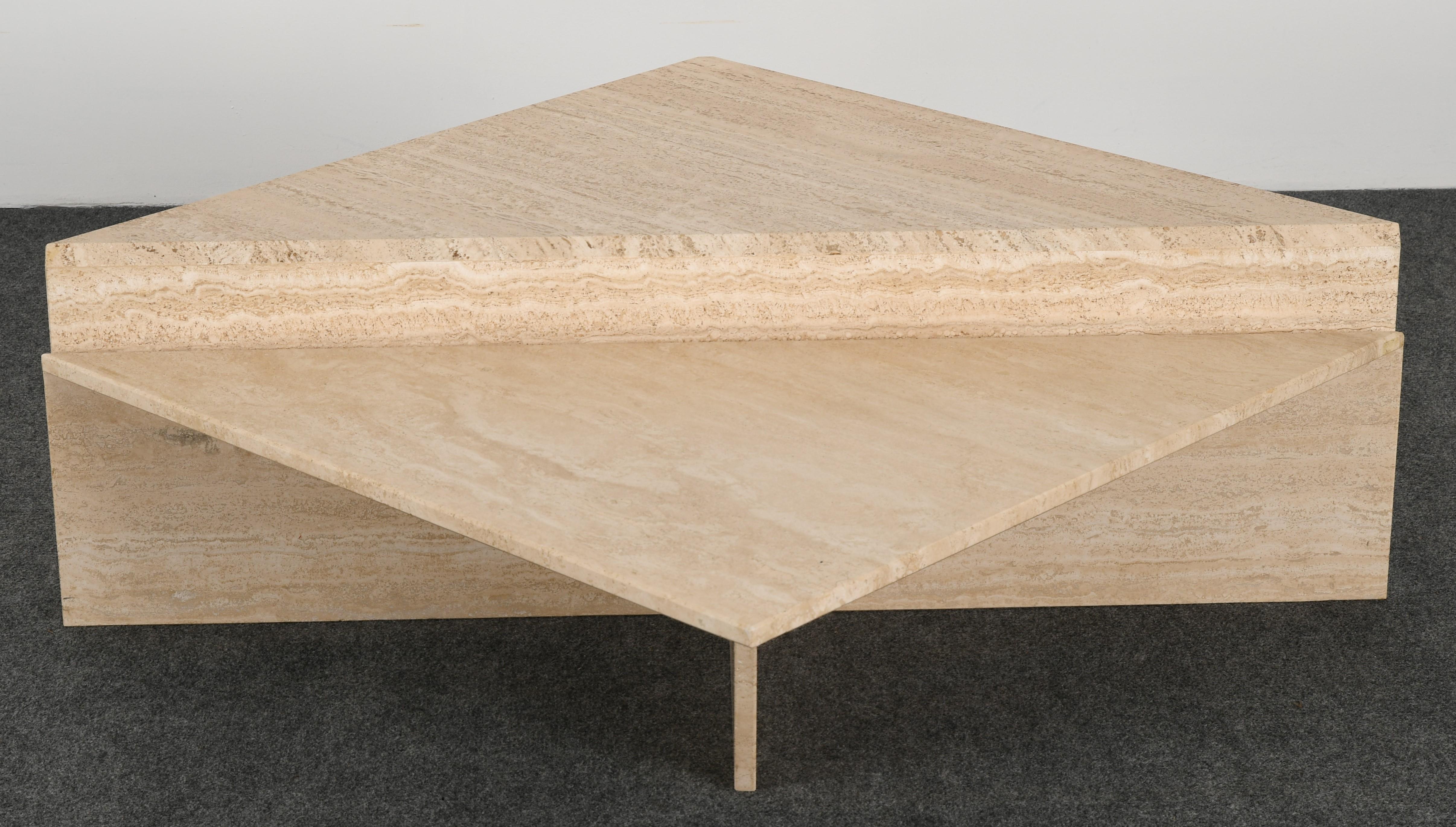 Late 20th Century Minimalist Two Tier Travertine Marble Coffee Table, 1980s