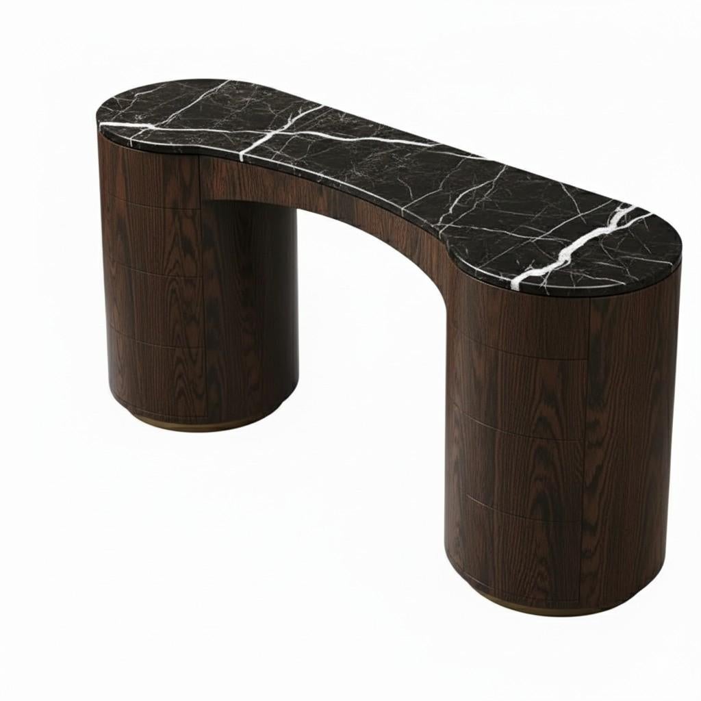 Modern Minimalist Vanity Desk w/ Rounded Silhouette & Storage By Mondo Design Studio For Sale
