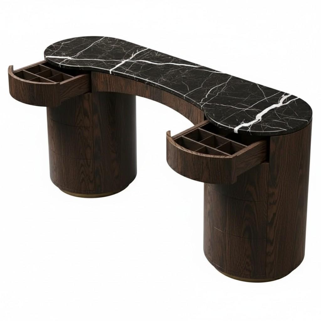 Portuguese Minimalist Vanity Desk w/ Rounded Silhouette & Storage By Mondo Design Studio For Sale