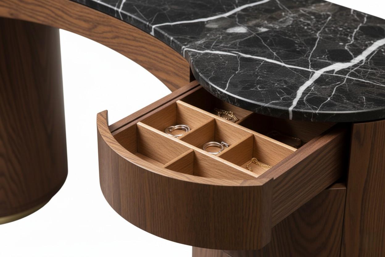 Hand-Crafted Minimalist Vanity Desk w/ Rounded Silhouette & Storage By Mondo Design Studio For Sale