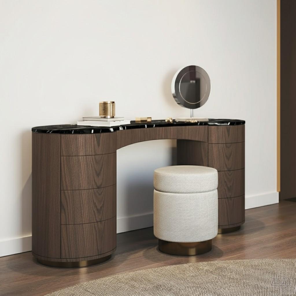 Contemporary Minimalist Vanity Desk w/ Rounded Silhouette & Storage By Mondo Design Studio For Sale