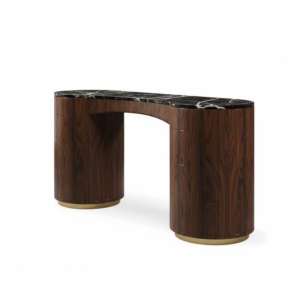 Wood Minimalist Vanity Desk w/ Rounded Silhouette & Storage By Mondo Design Studio For Sale
