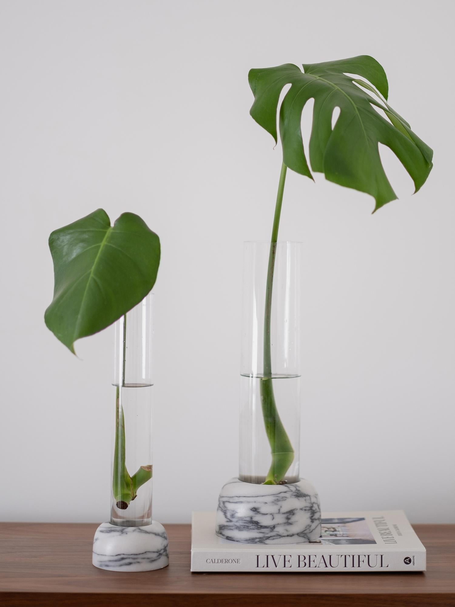Mit ihrer ungewöhnlichen Silhouette hebt diese Vase die Vertikale hervor und täuscht das menschliche Auge. Die Zweimaterialität ist nicht nur ästhetisch ansprechend, sondern hat auch funktionale Gründe: In mundgeblasenen Glaszylindern können hohe