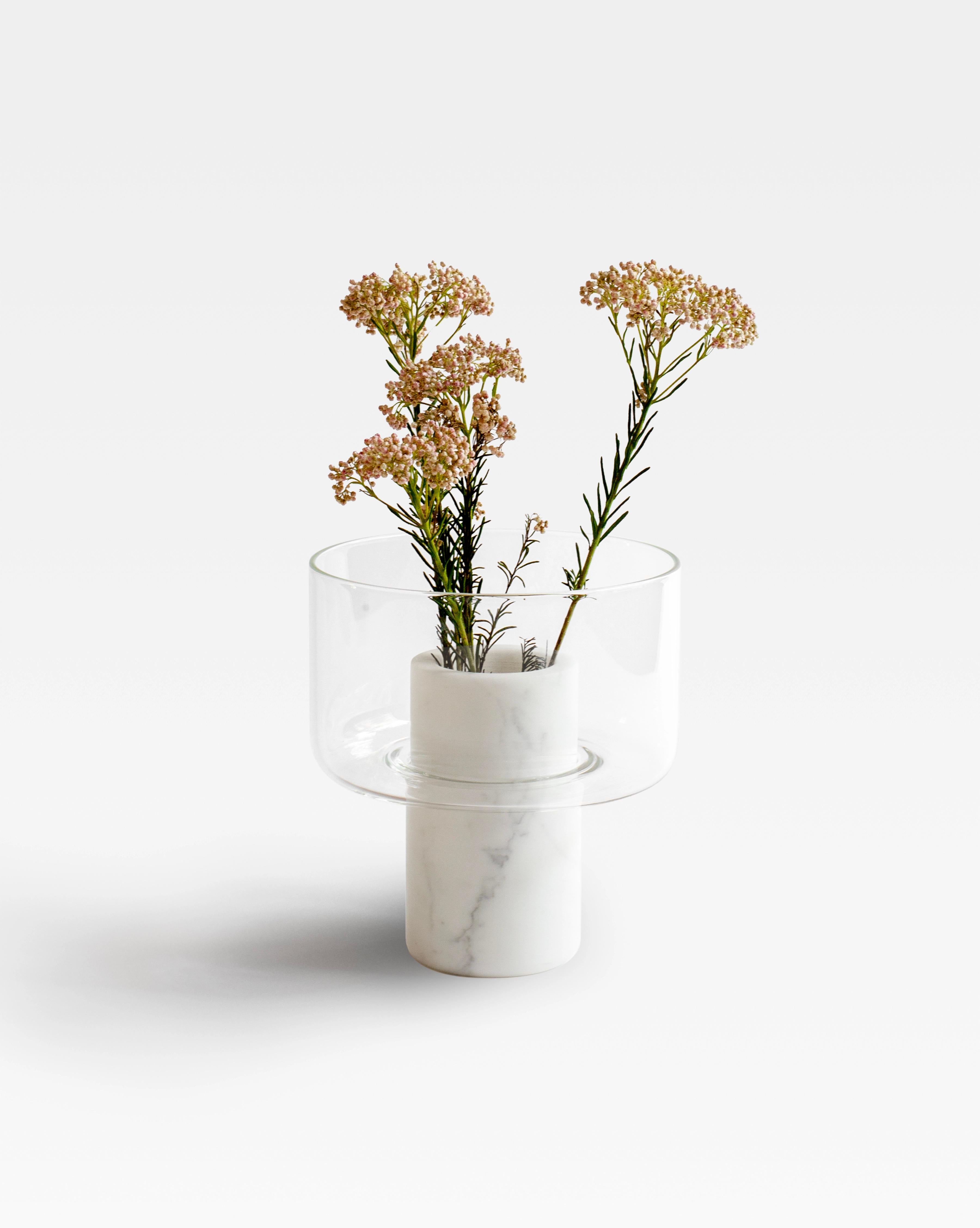 Italian Minimalist Vase in Statuary Marble and Blown Glass, Italy, Sandro Lopez For Sale