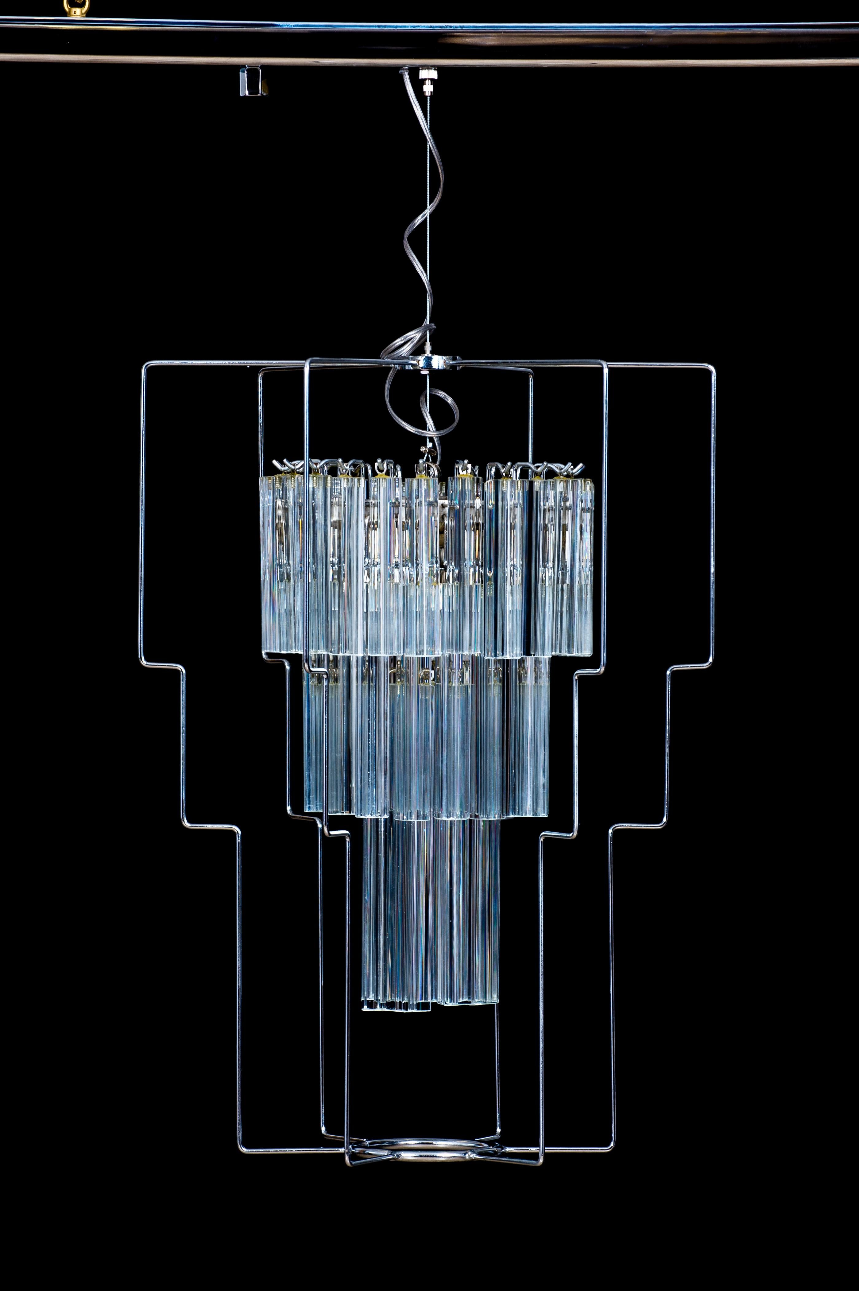 Mid-Century Modern Minimalist Venetian Chandelier with Murano Glass Trihedron Elements, Italy For Sale