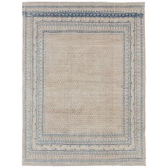 Minimalist Antique Persian Tabriz Rug with All Over Field and Blue Details