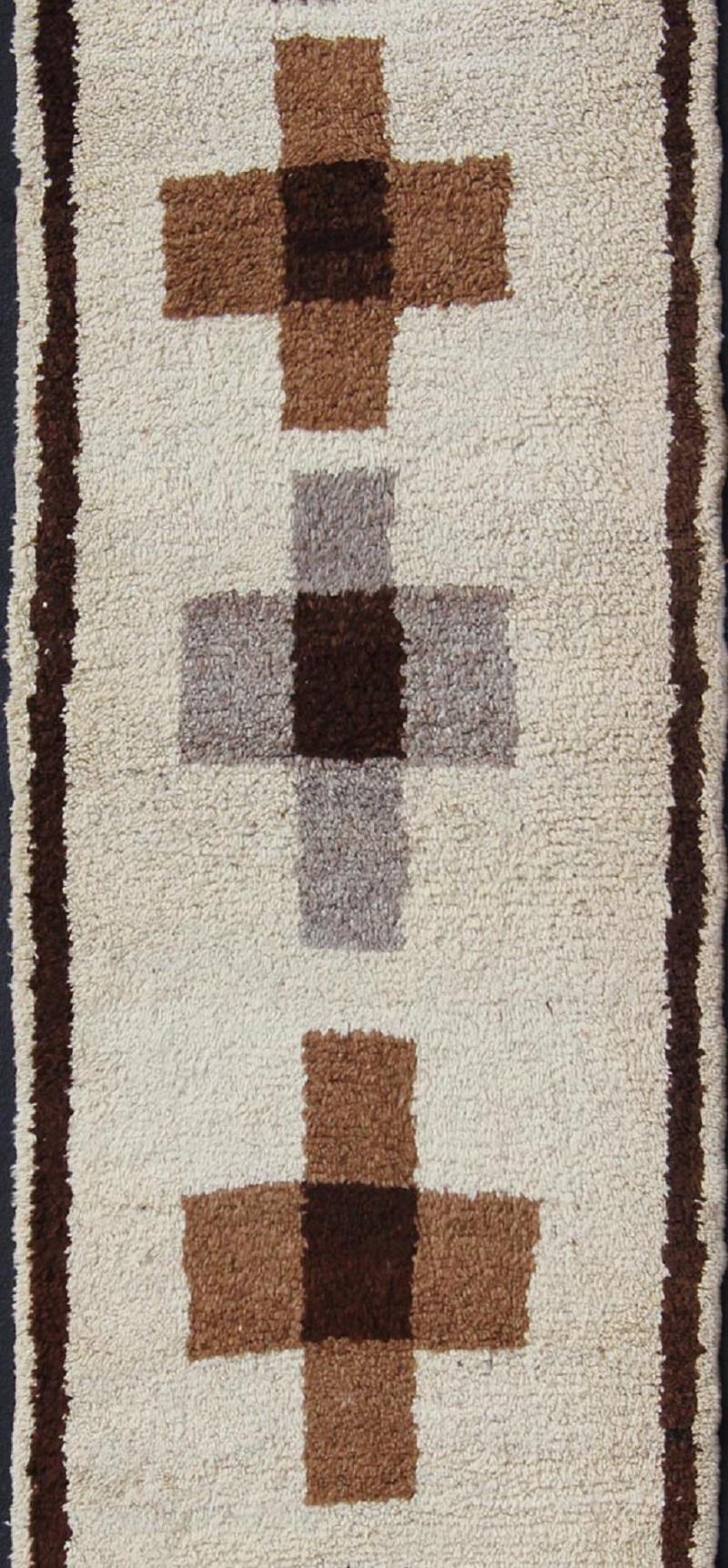 Hand-Knotted Minimalist Vintage Turkish Tulu Gallery Rug with Cross Motifs in Tan, Gray, Onyx