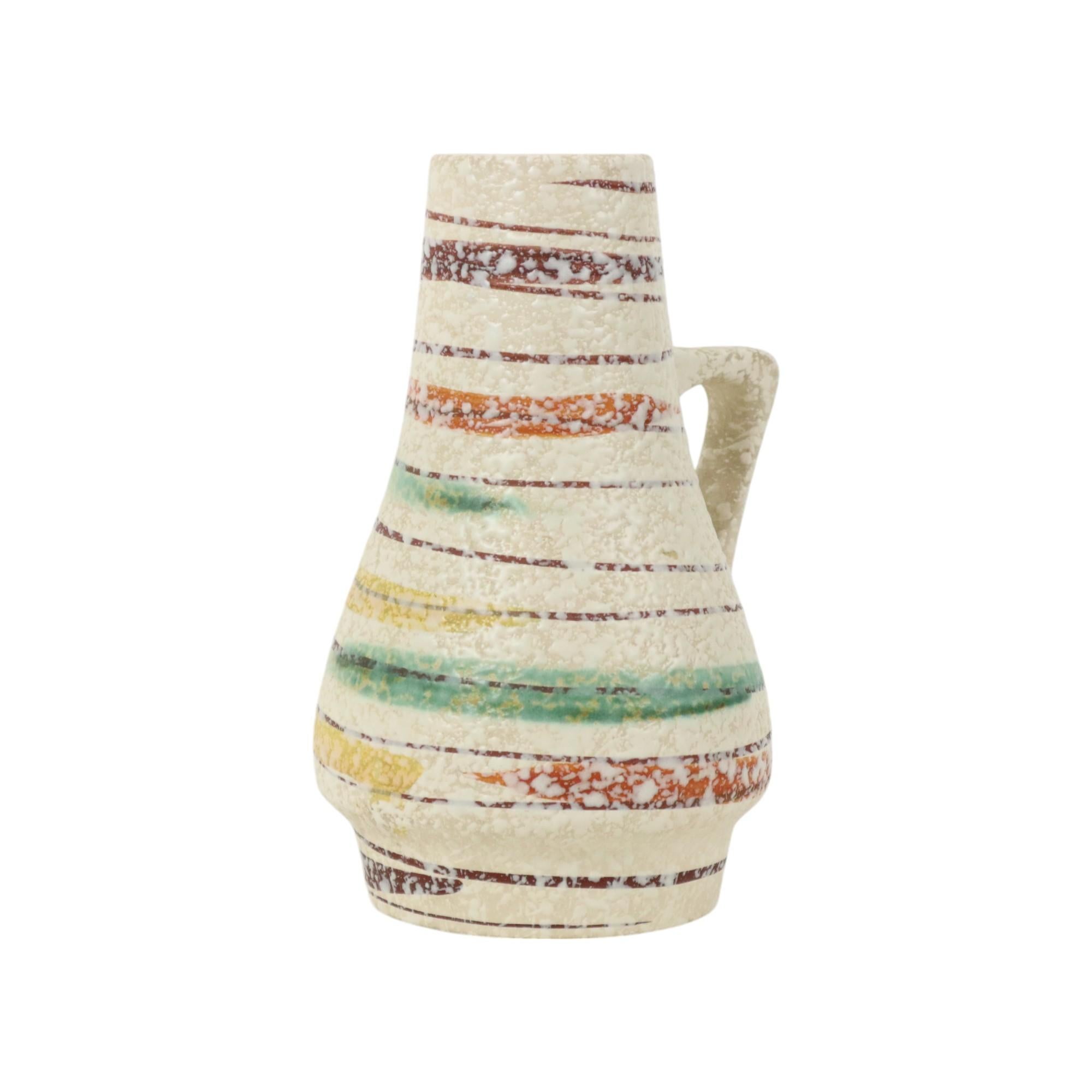 Colorful minimalist West Germany vase by Bay Keramik, 1950s, numbered 270-17 at the bottom.

Rare version, this mid-century modern vase has a speckled texture and colorful horizontal lines.

West Germany was actually a collective name for ceramics