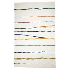 Minimalist White Handwoven Anatolian Wool Kilim Rug with Colorful Stripes