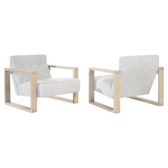 Minimalist White Oak and Linen Lounge Chairs, C. 1950s