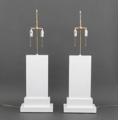 Minimalist White Painted Wood Table Lamps, Pair