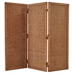 Vintage Minimalist Wicker & Leather Dividing Screen