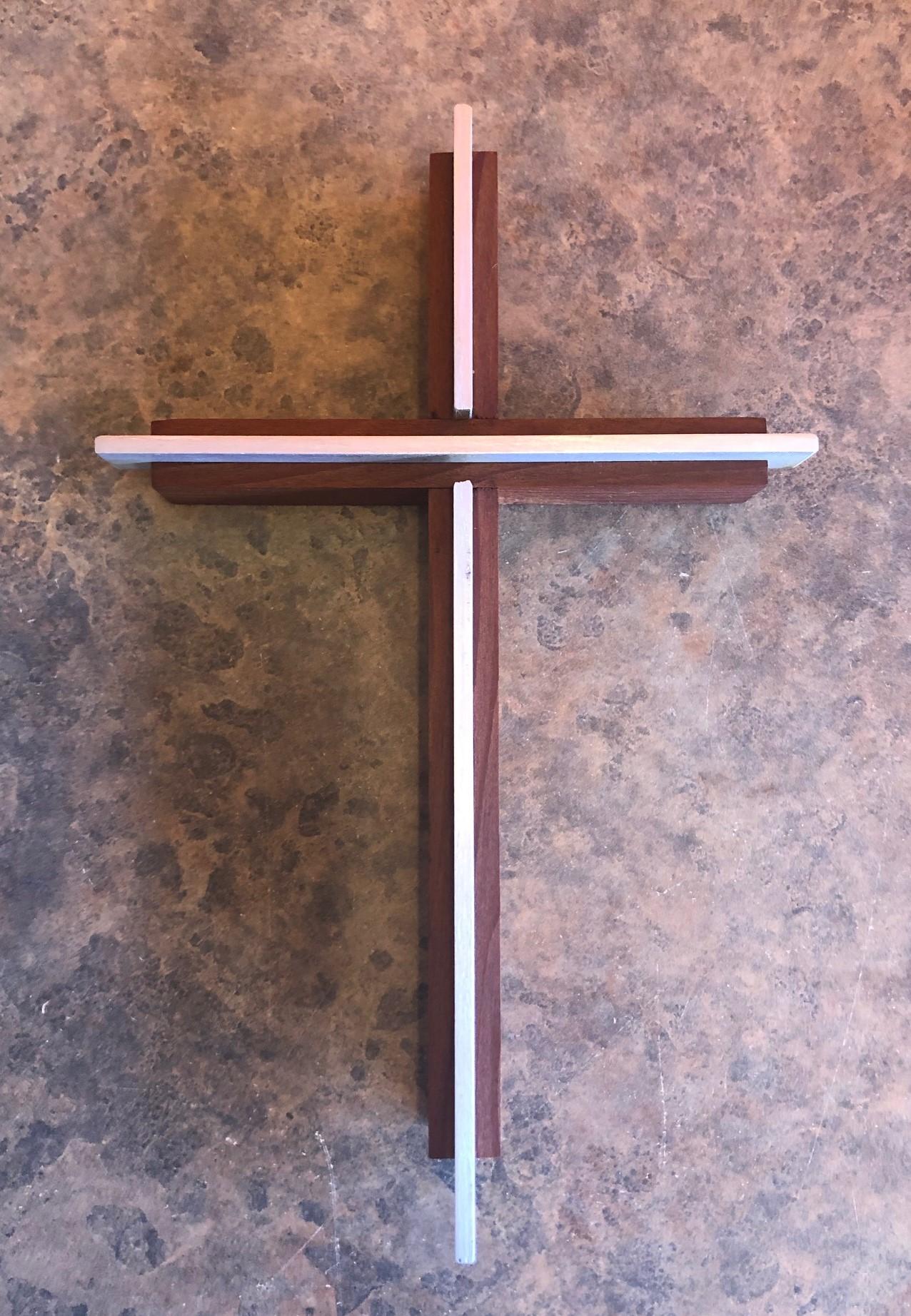 Minimalist wood and brushed aluminum crucifix / cross, circa, 1970s. The piece measures 7.75