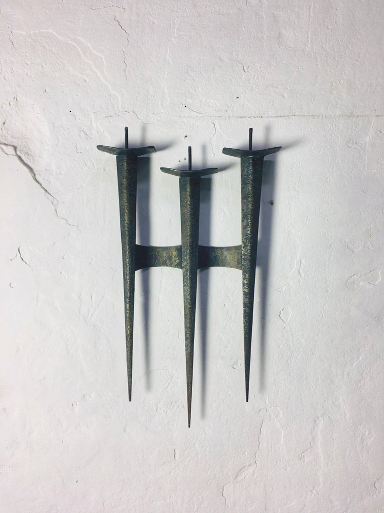 MidCentury Brutalist Wrought Iron Wall Candle Holder For Sale at 1stDibs