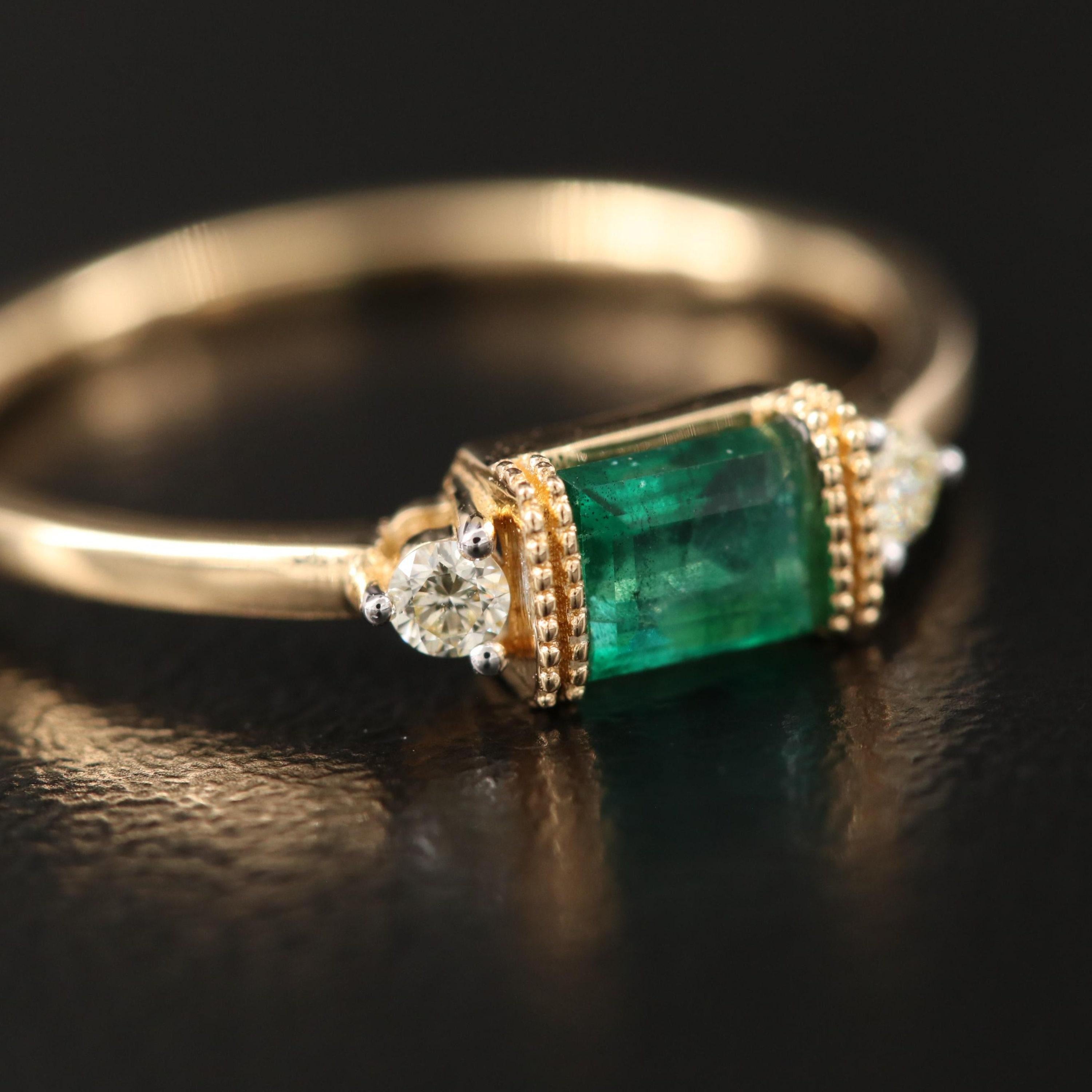 For Sale:  Minimalist Yellow Gold Emerald Cut Emerald Diamonds Engagement Ring Wedding Ring 2