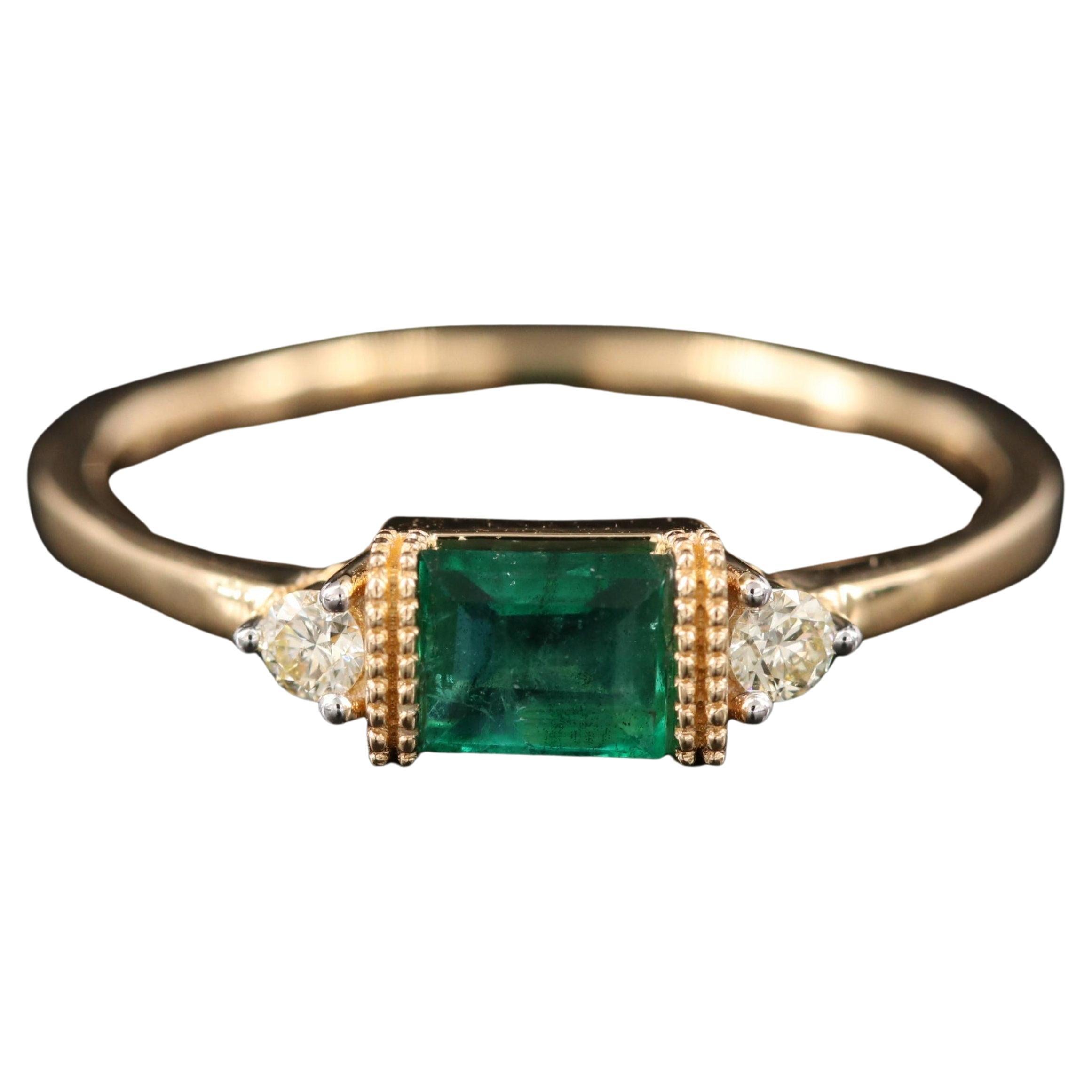 Minimalist Yellow Gold Emerald Cut Emerald Diamonds Engagement Ring Wedding Ring