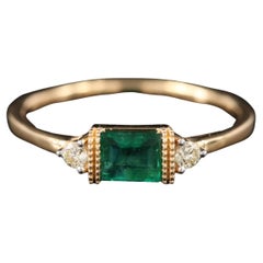 Minimalist Yellow Gold Emerald Cut Emerald Diamonds Engagement Ring Wedding Ring