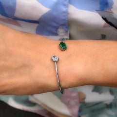 Minimalist Zambian Emerald Diamond Cuff Bangle Bracelet 14k Solid White Gold