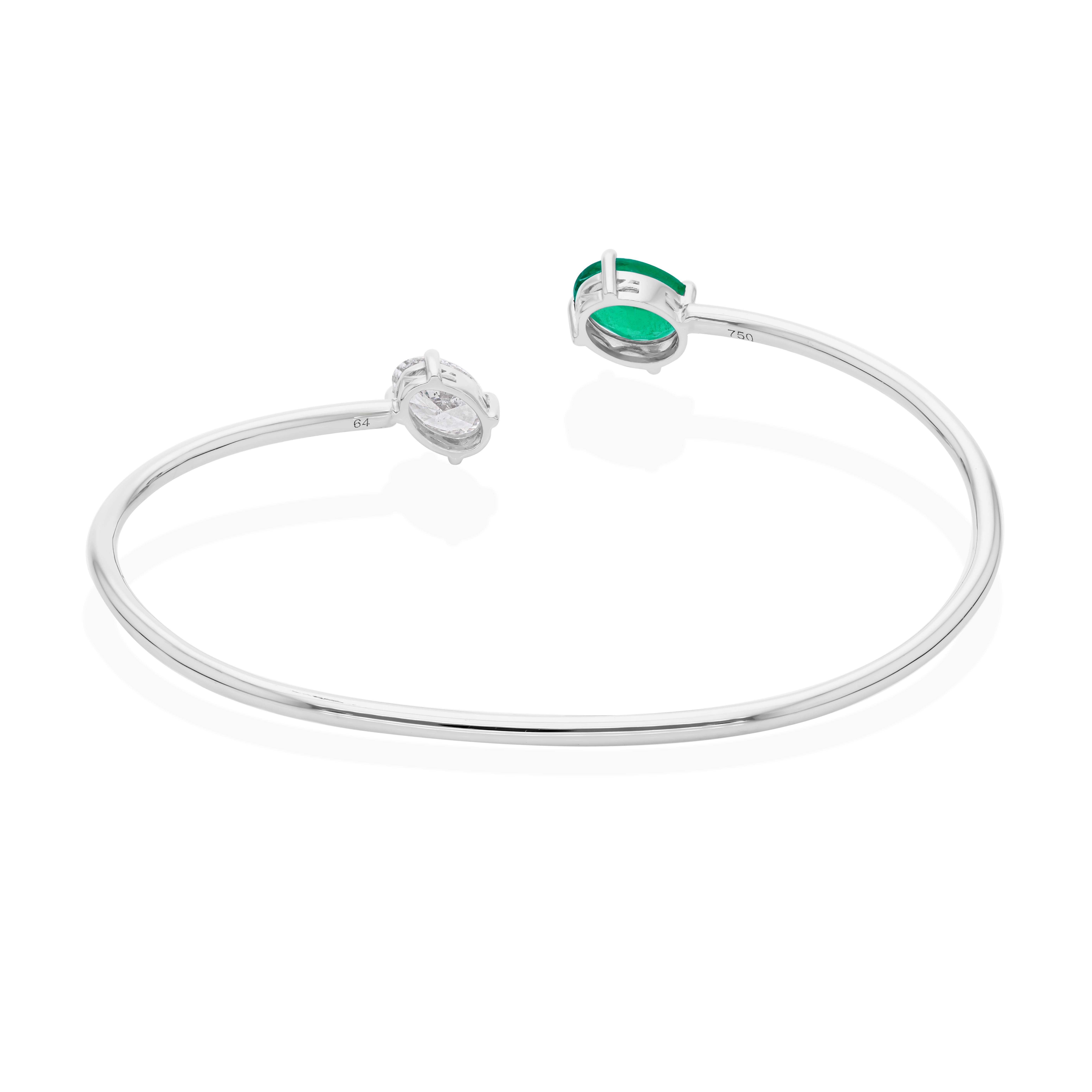 Minimalistische sambischen Smaragd Diamant Manschette Armreif Armband 18k Solid White Gold im Angebot 4