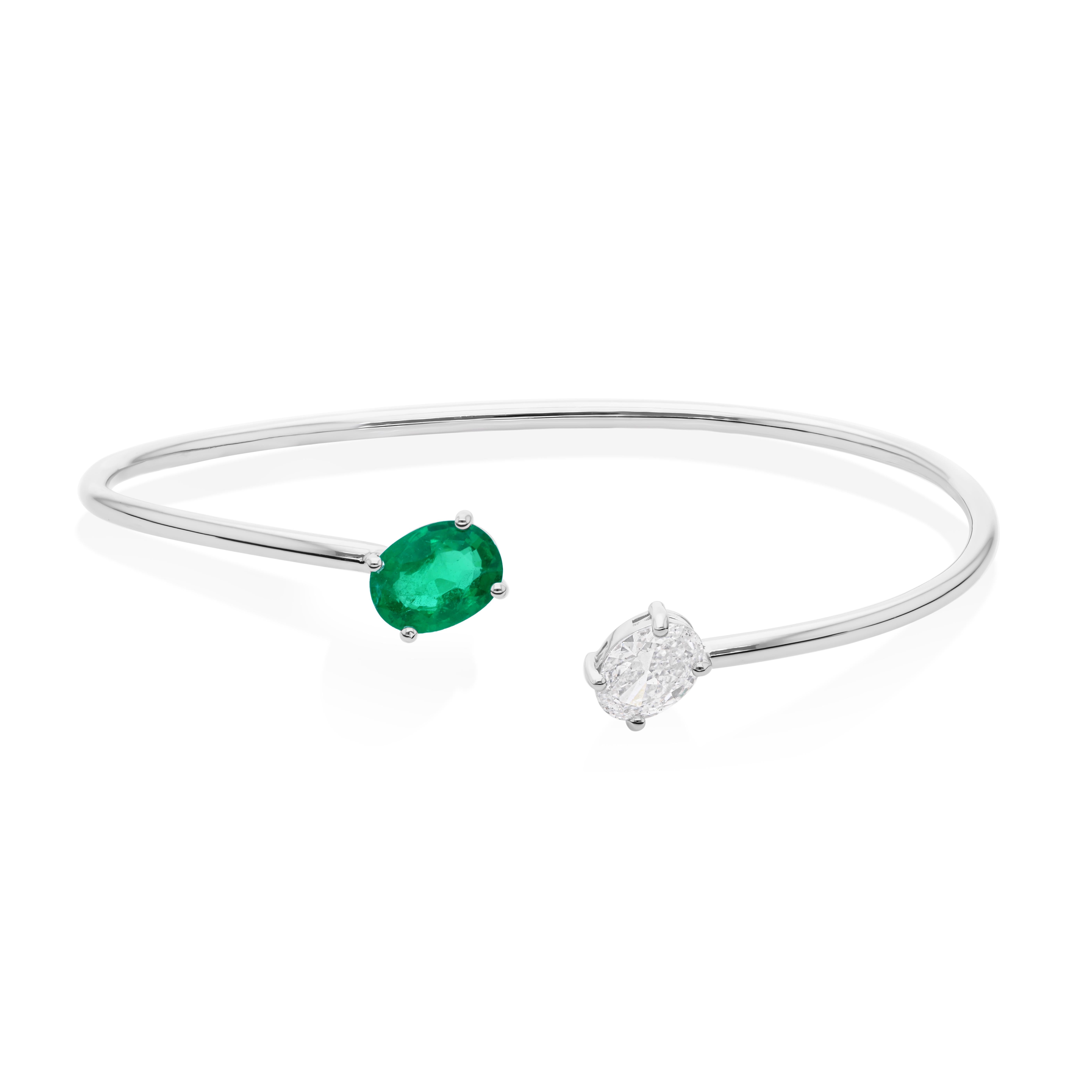 Minimalistische sambischen Smaragd Diamant Manschette Armreif Armband 18k Solid White Gold im Angebot 2