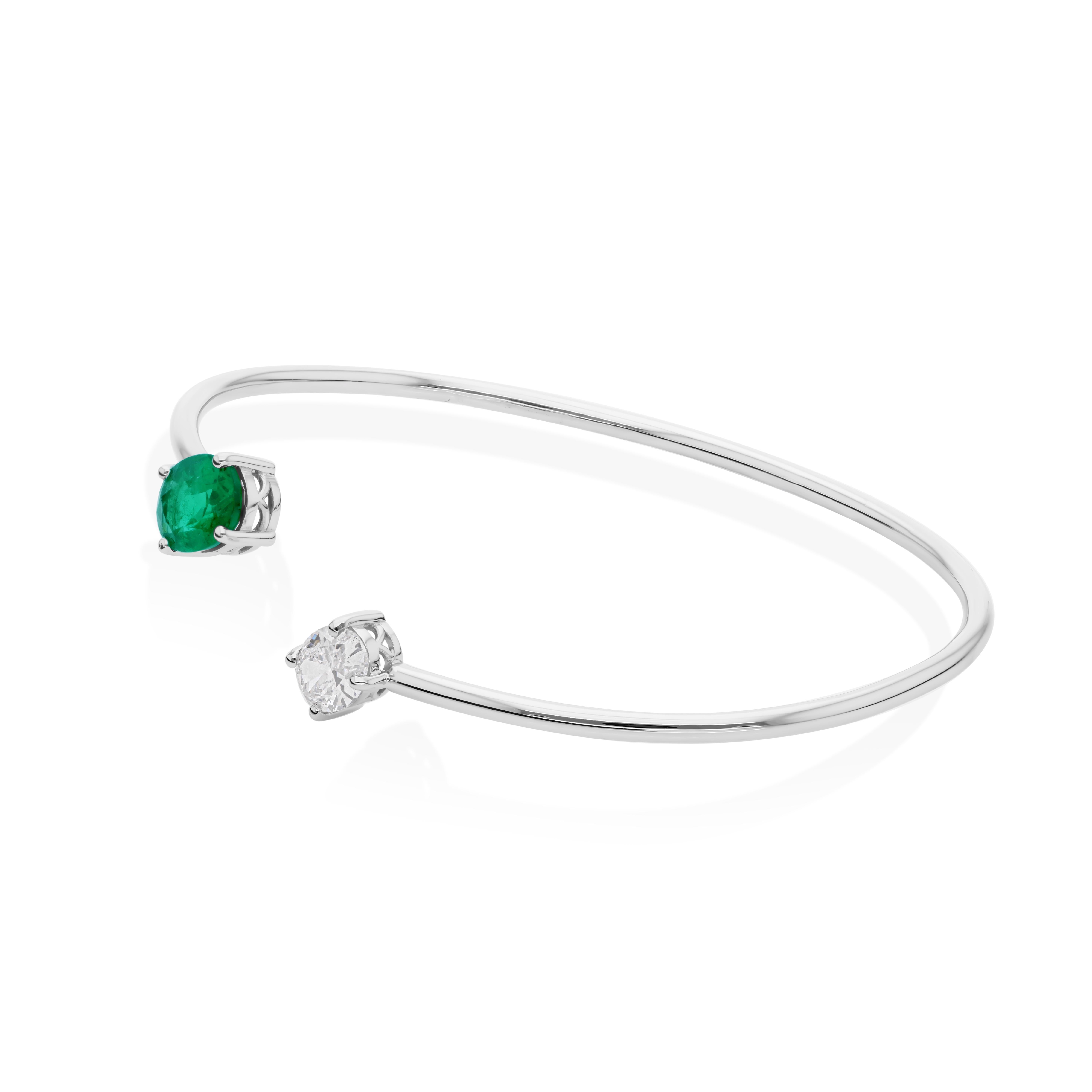 Minimalistische sambischen Smaragd Diamant Manschette Armreif Armband 18k Solid White Gold im Angebot 3