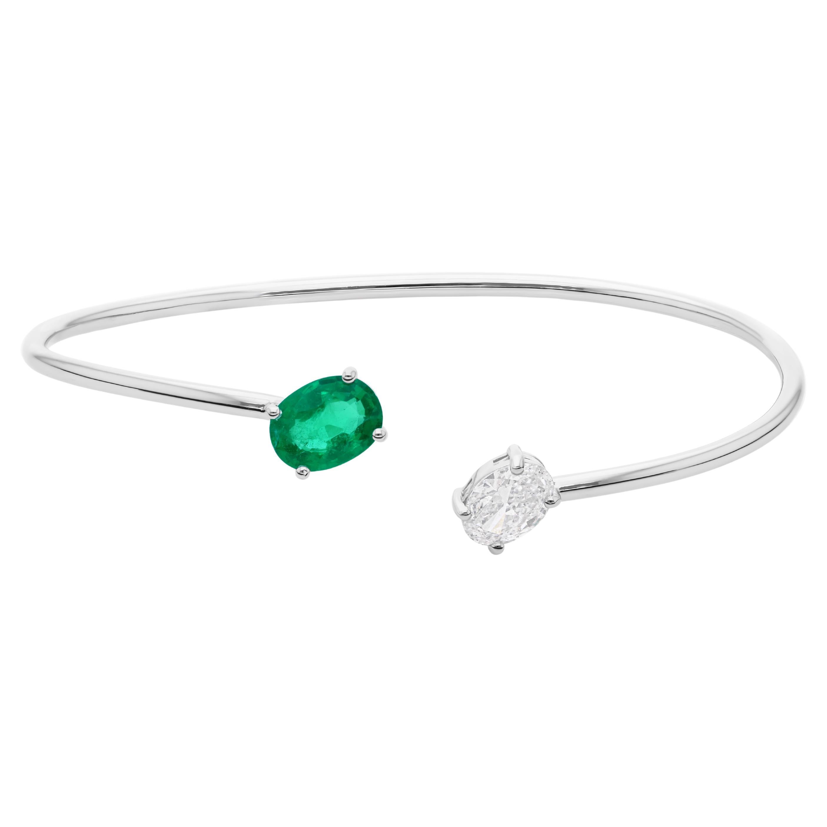 Minimalistische sambischen Smaragd Diamant Manschette Armreif Armband 18k Solid White Gold