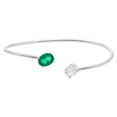 Minimalistische sambischen Smaragd Diamant Manschette Armreif Armband 18k Solid White Gold