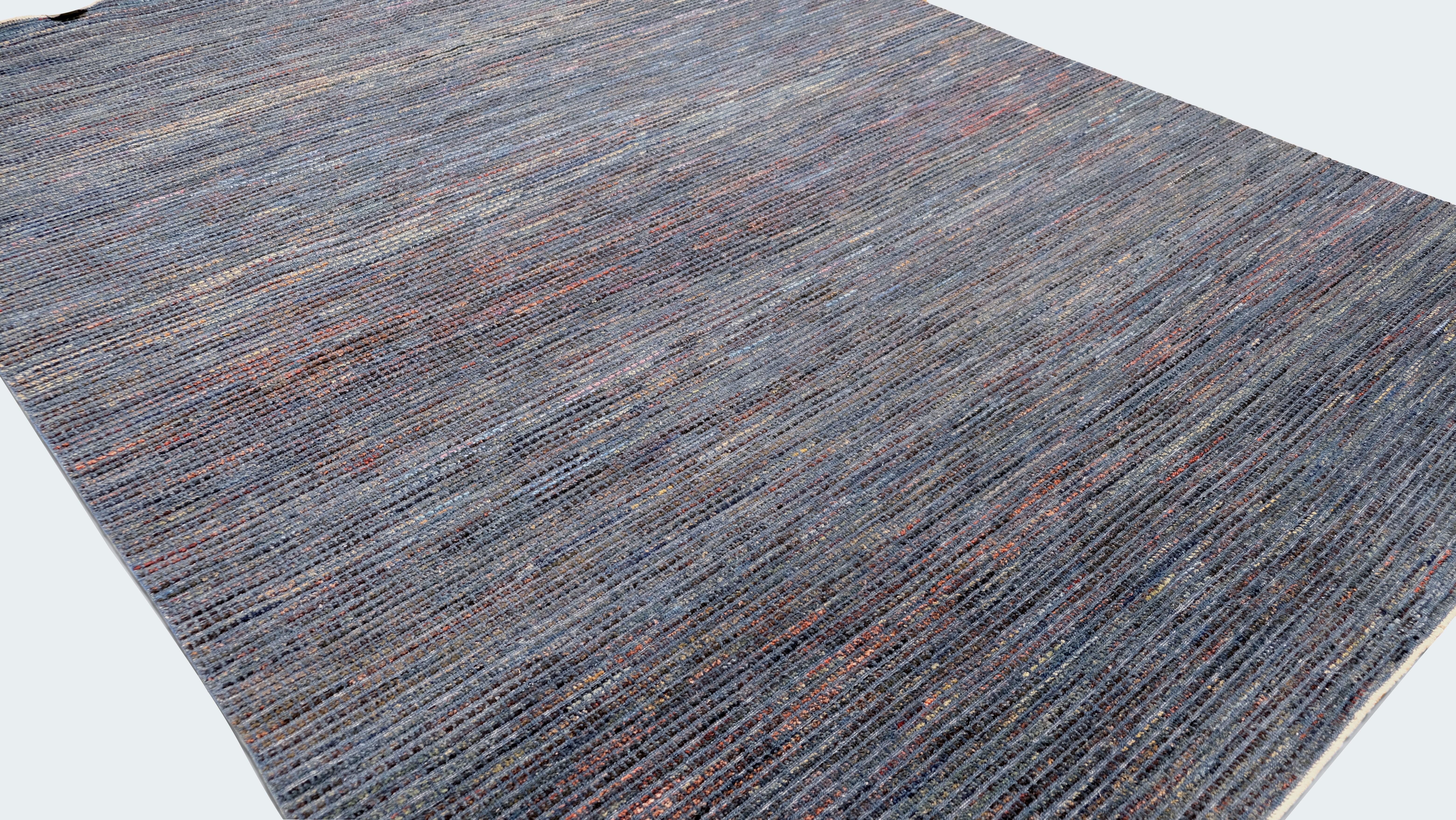 Minimalistischer blauer mit farbig strukturierter Wollteppich 8'8''x11'10'' (Afghanisch) im Angebot
