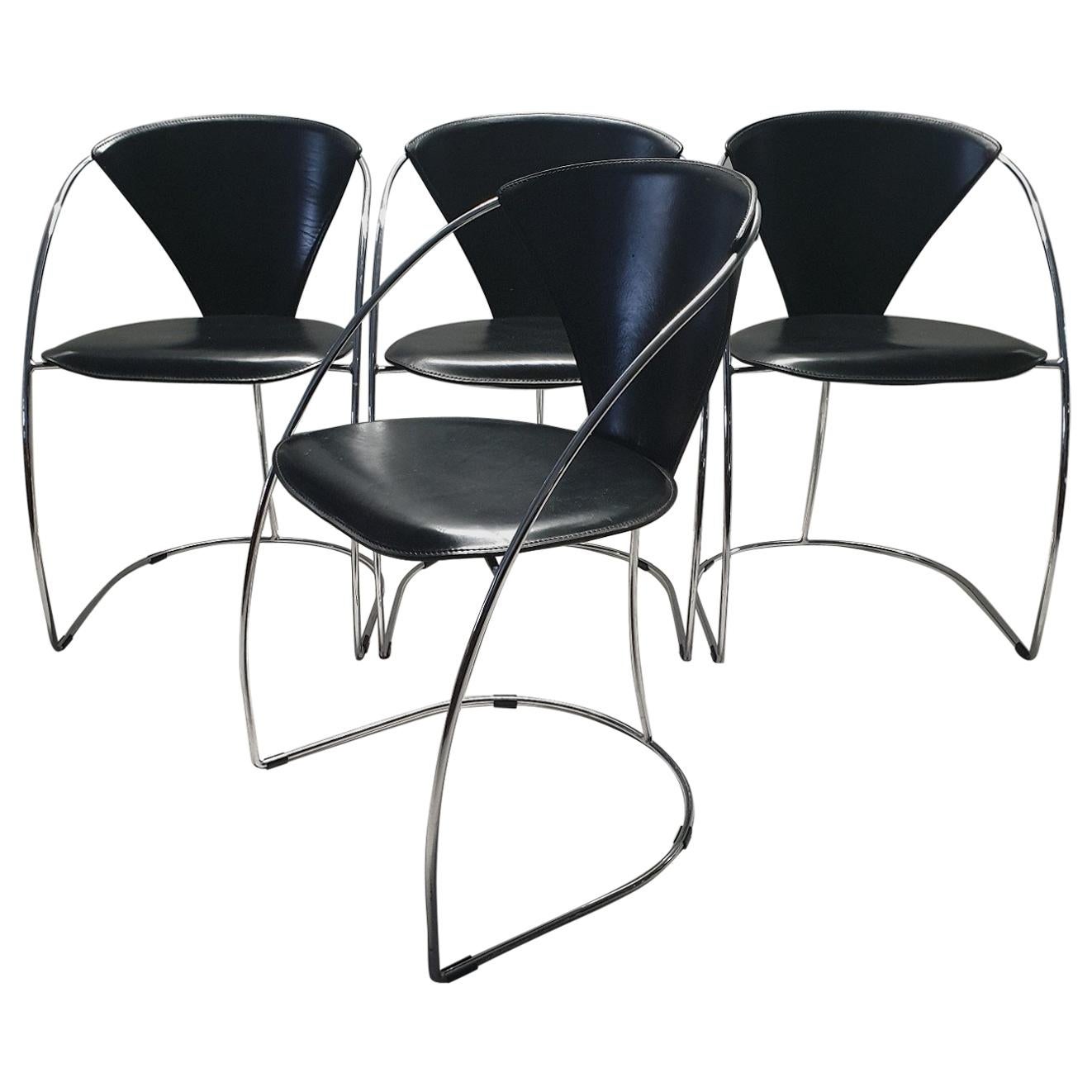 Minimalistic Chrome Dining Chairs by Arrben Italy, 1980s, Set of 4 For Sale