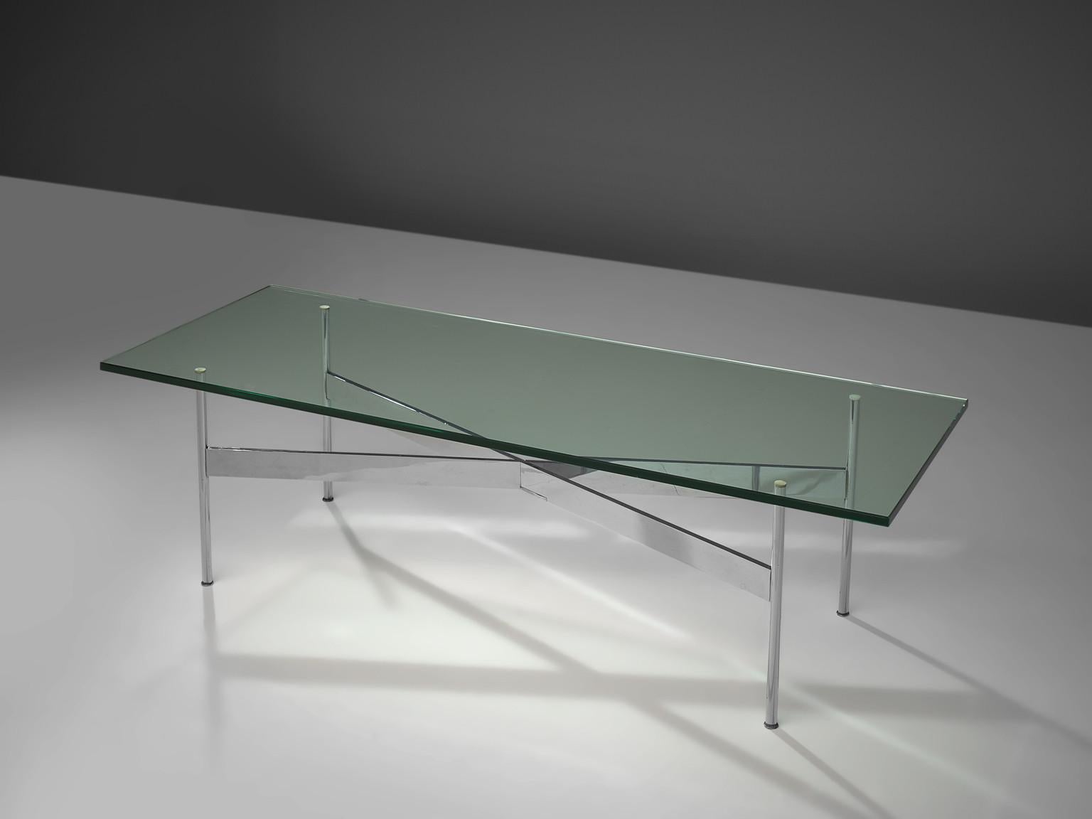 Katavolos, Kelley and Littell for Laverne, coffee table, chrome-plated steel, glass, United States, 1960s.

This elegant piece features a thick glass top and seamlessly manufactured X-style chrome-plated base. Carefully designed with stoppers to