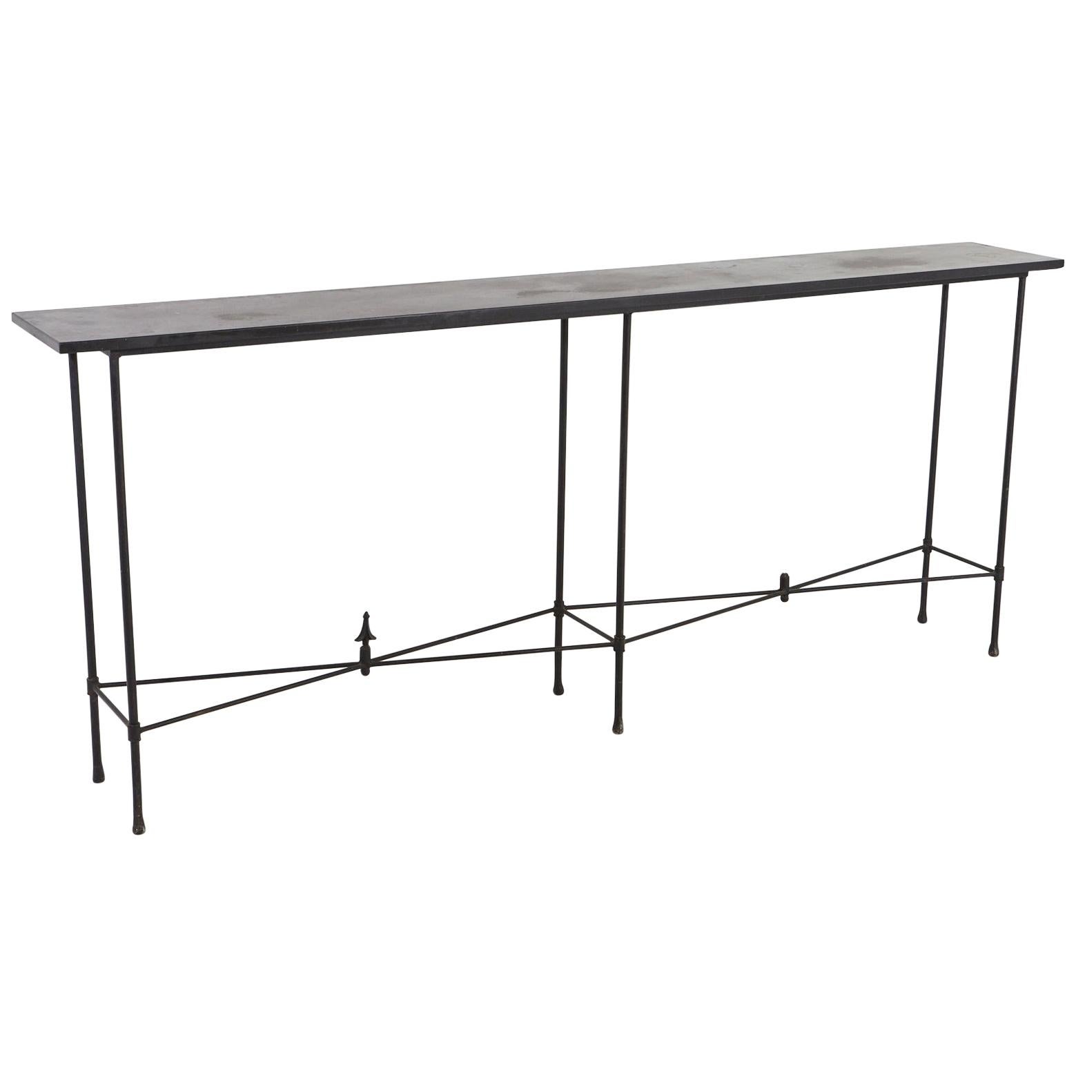 Minimalistic Custom Made Long Wrought Iron Console with Slate Top, 1980s