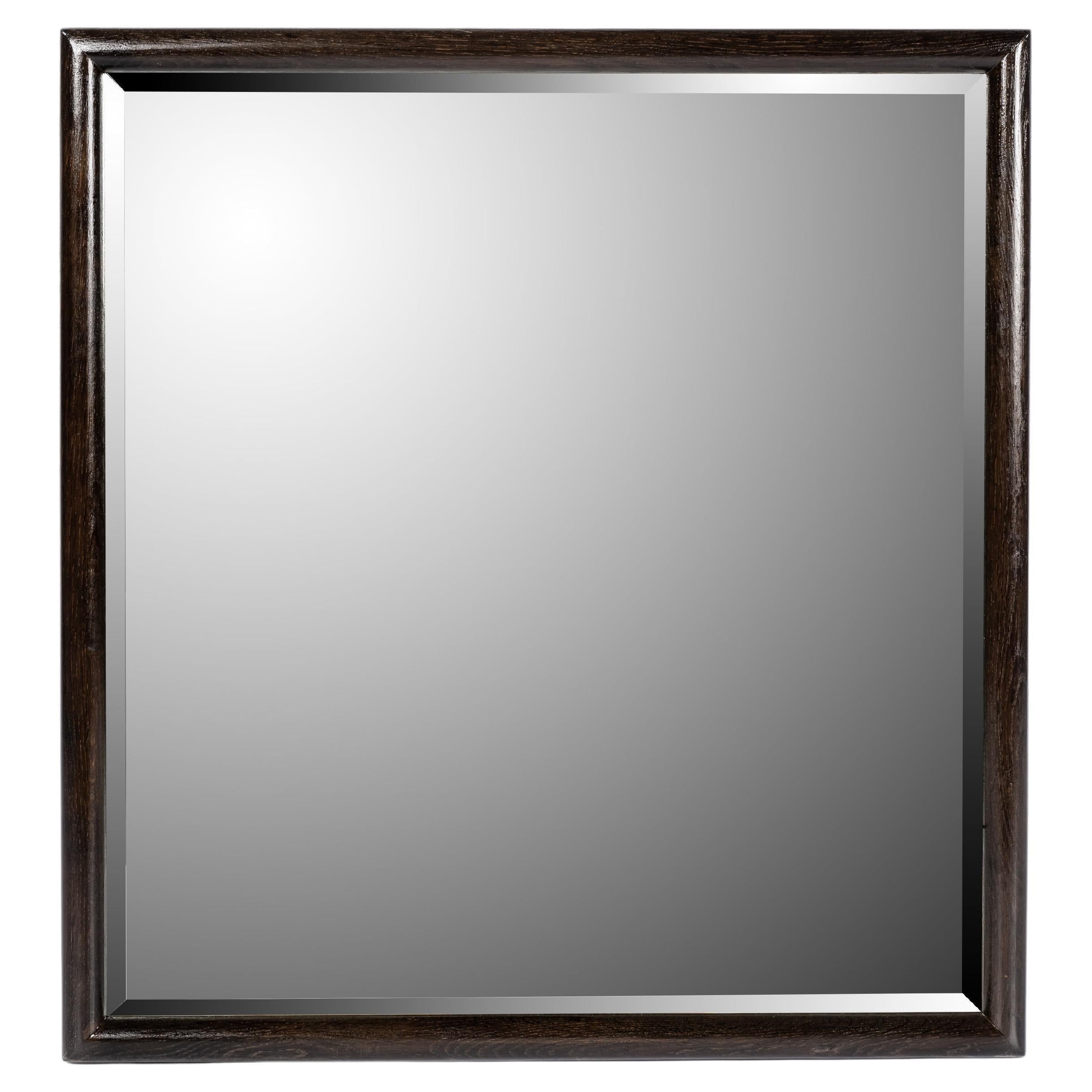 Minimalistic Dark brown/black solid oak mirror frame with antique facetted mirro For Sale