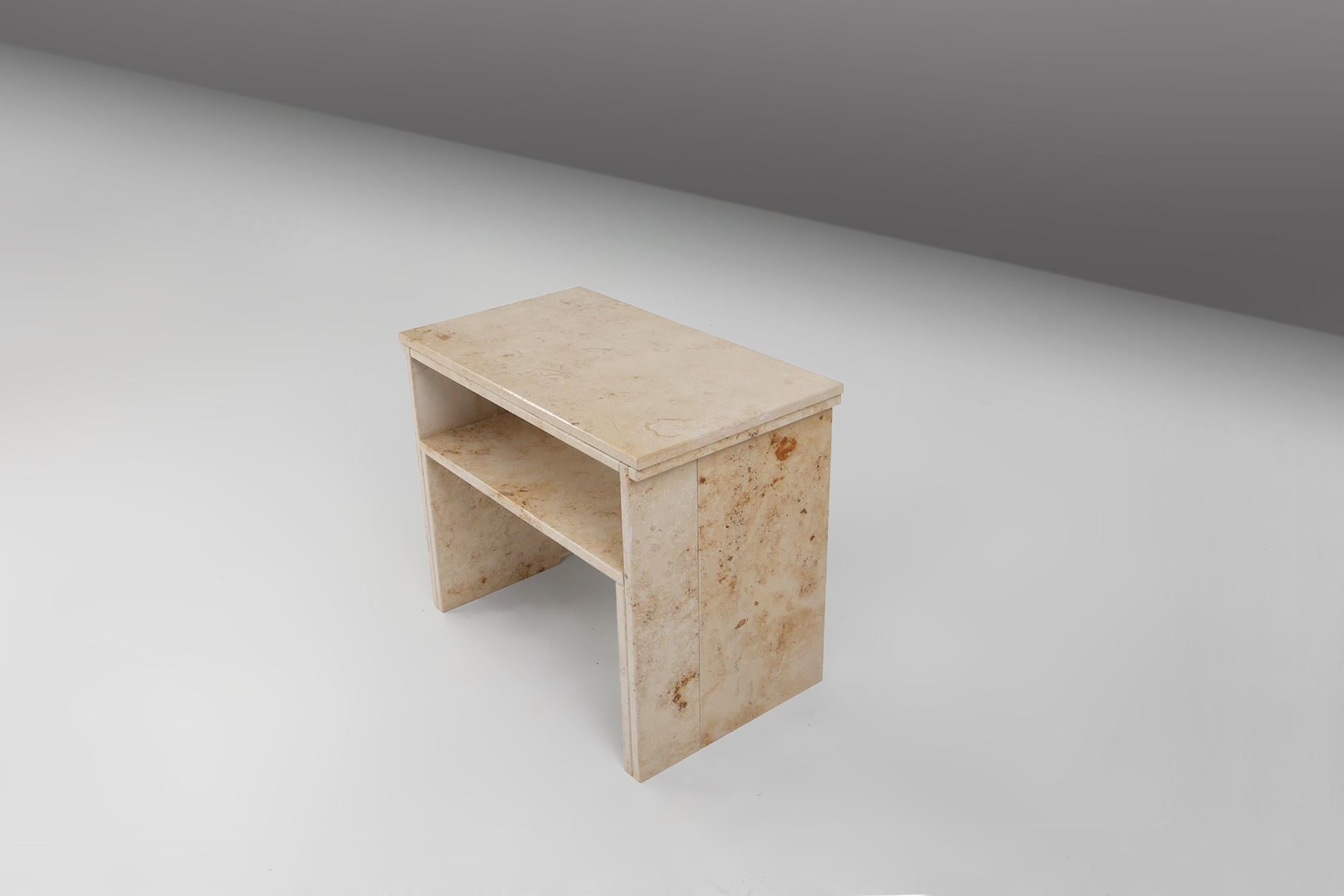 Late 20th Century Minimalistic designed French console with shelve in travertine, 1980  For Sale