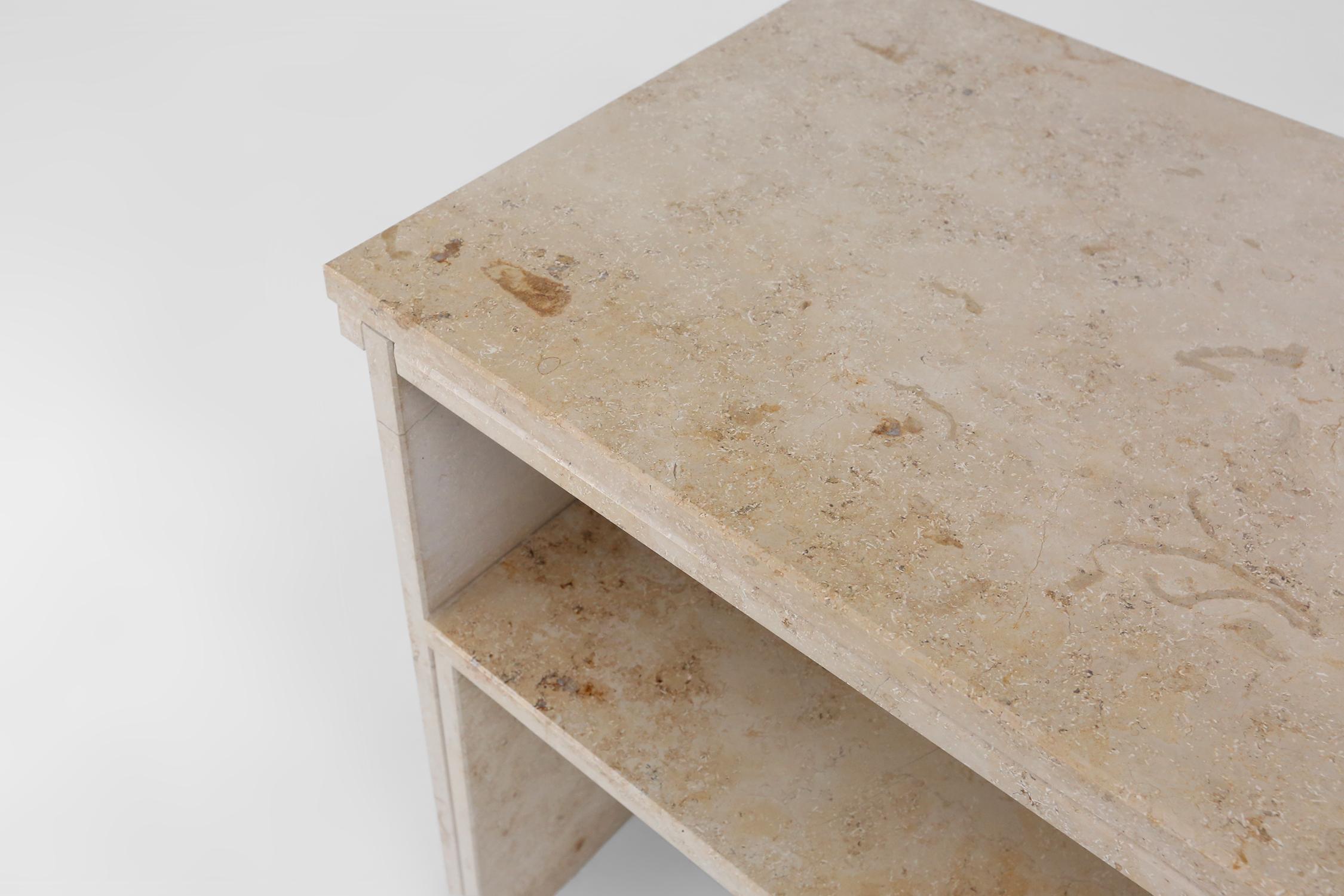 Stone Minimalistic designed French console with shelve in travertine, 1980  For Sale