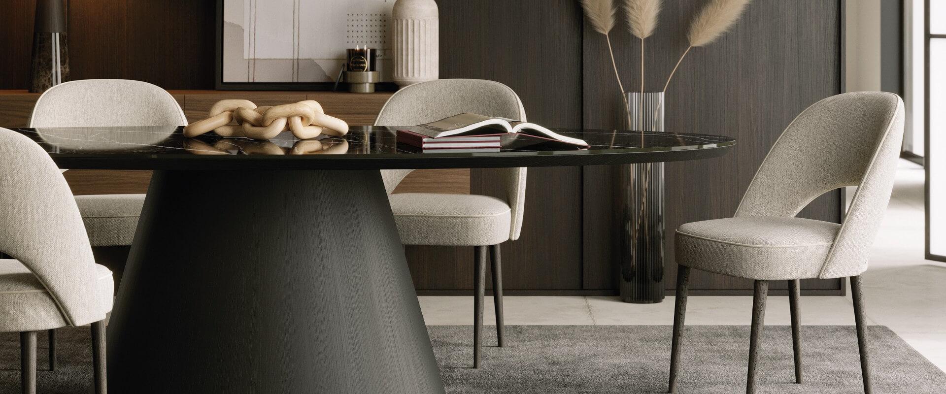 Portuguese Minimalistic Dining Table with Oval Top In Smoked Eucalyptus Veneer Matte For Sale