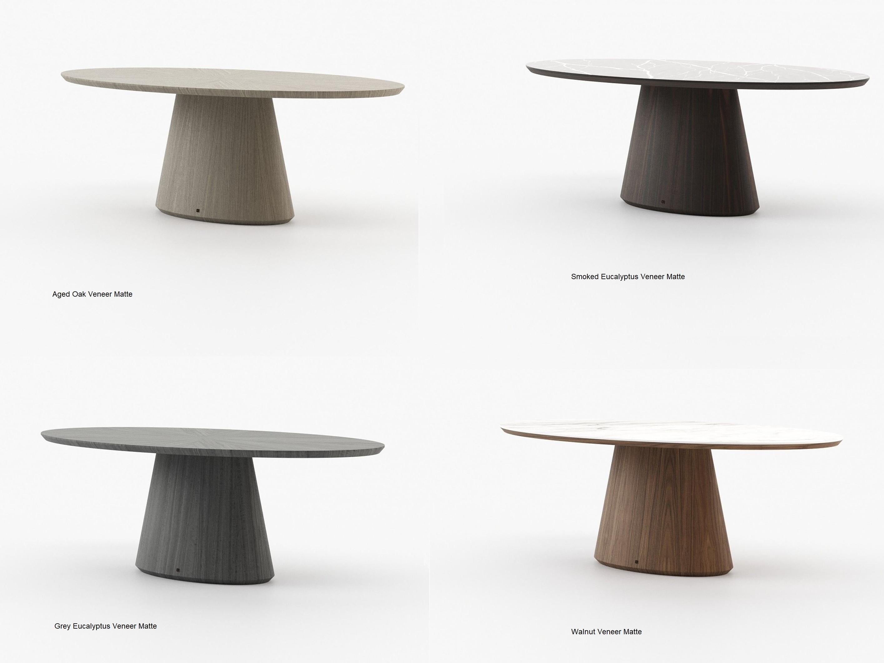 Wood Minimalistic Dining Table with Oval Top In Smoked Eucalyptus Veneer Matte For Sale