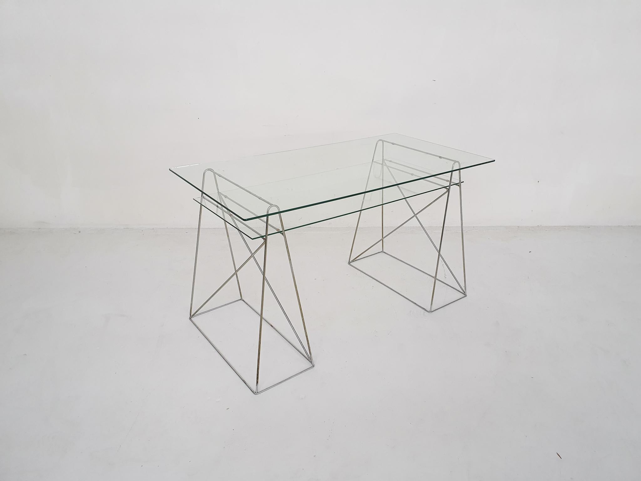 Mid-Century Modern Minimalistic glass and metal desk, France 1970's For Sale