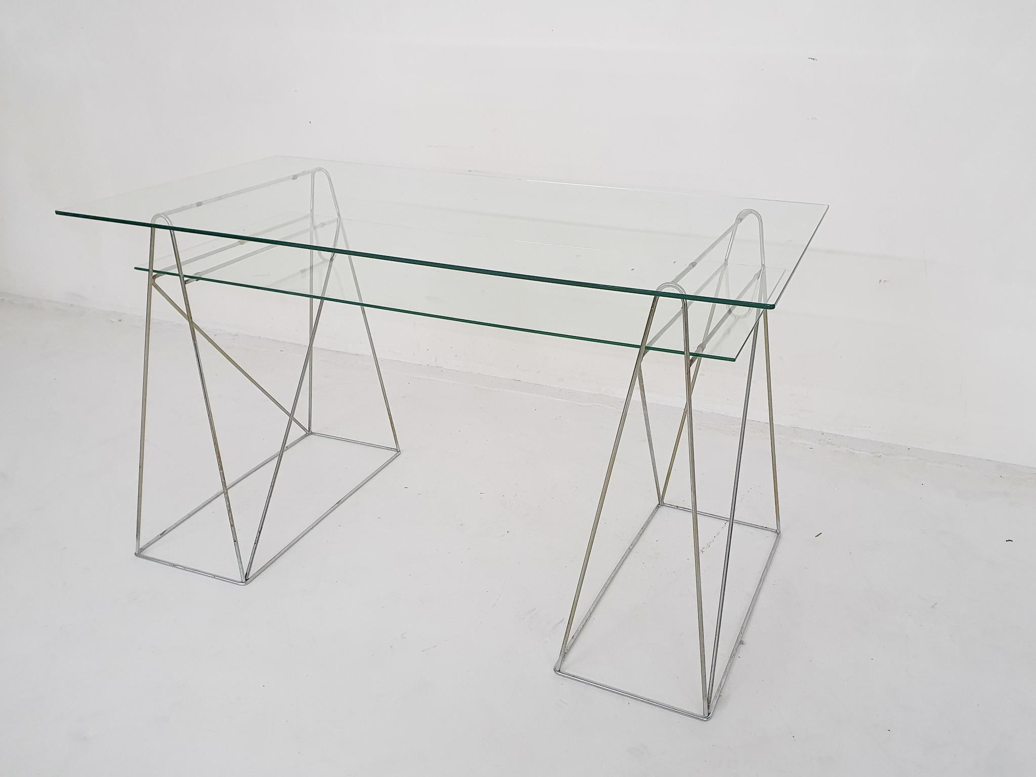 French Minimalistic glass and metal desk, France 1970's For Sale