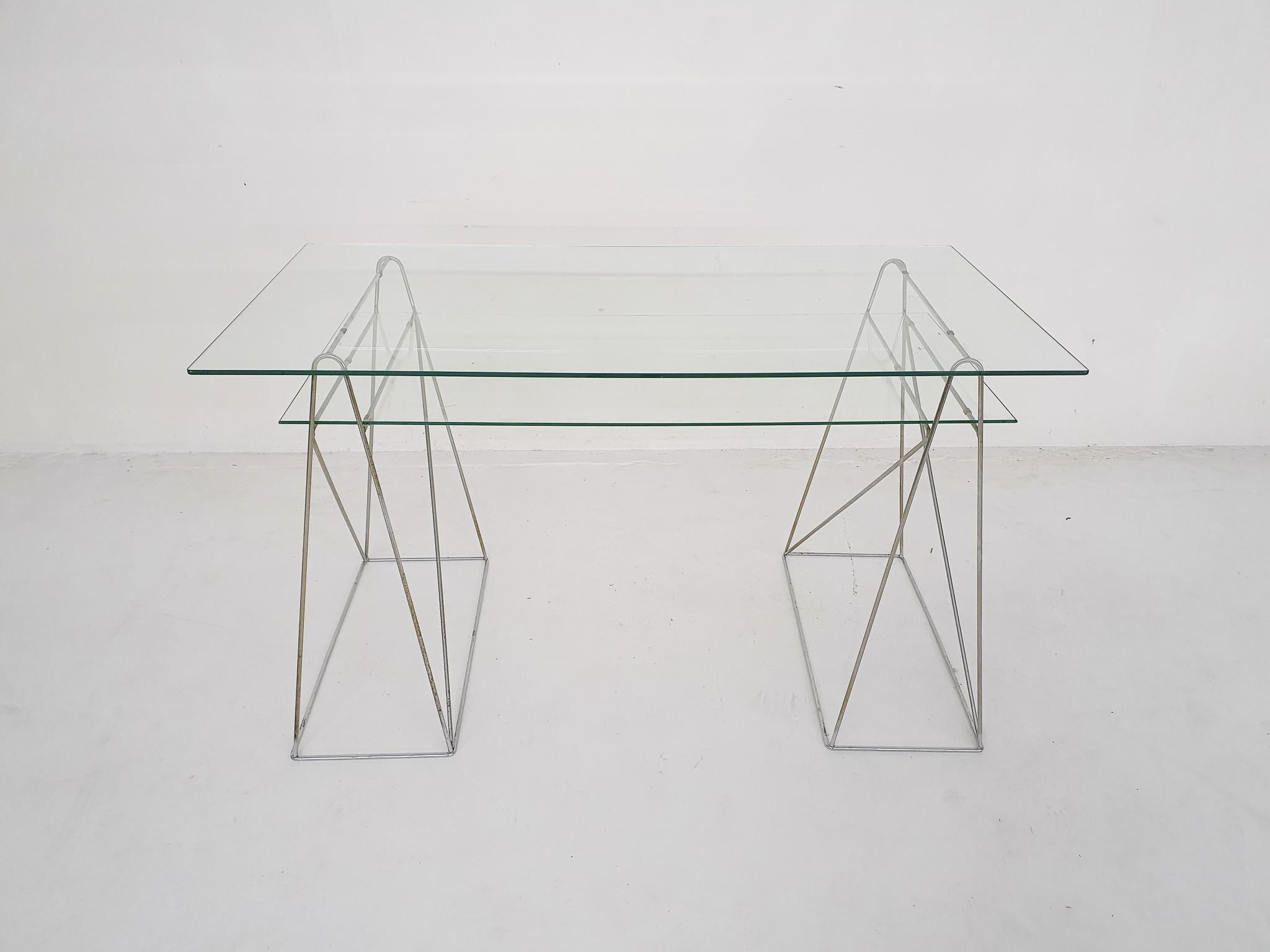 20th Century Minimalistic glass and metal desk, France 1970's For Sale