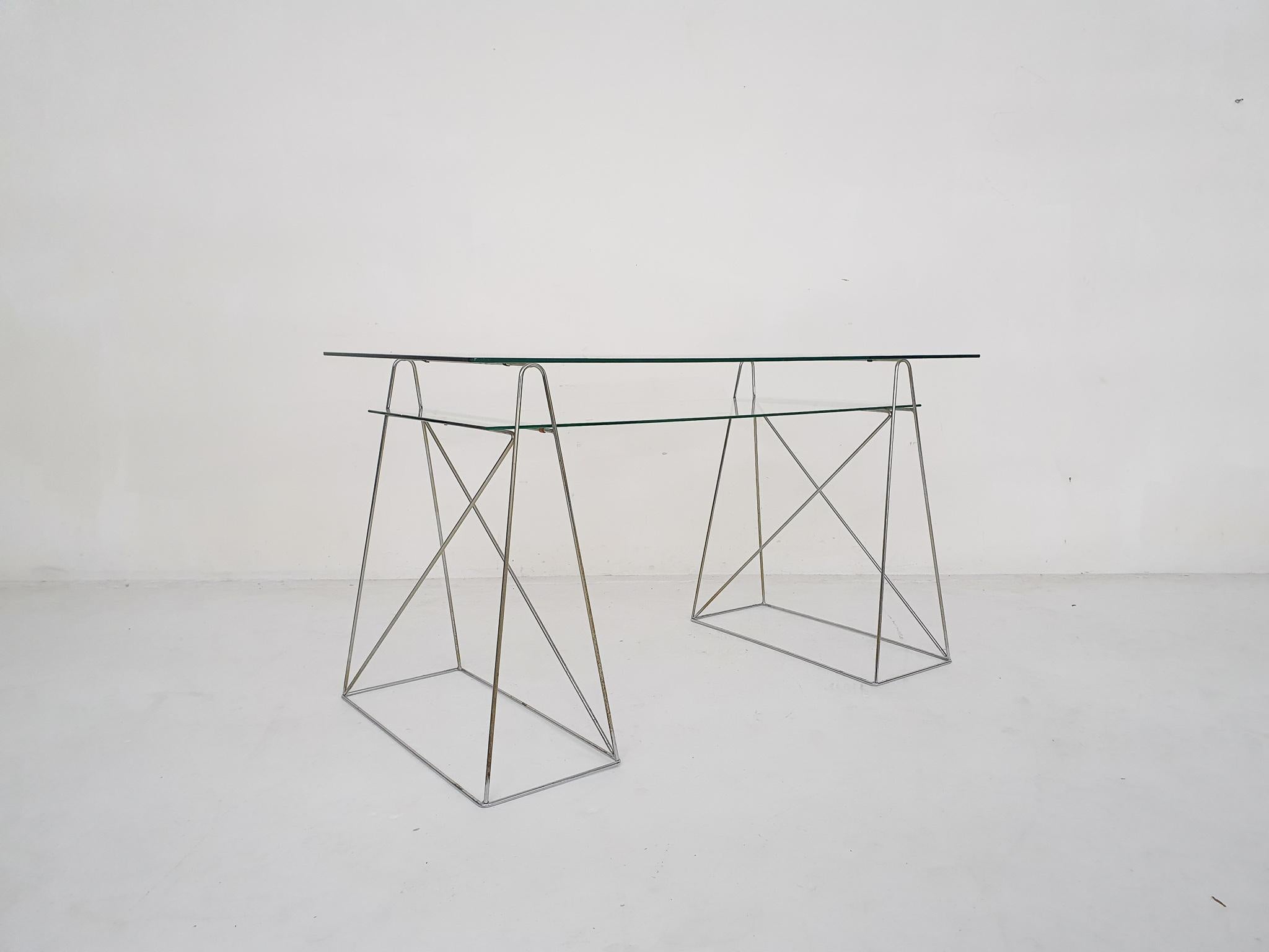 Metal Minimalistic glass and metal desk, France 1970's For Sale
