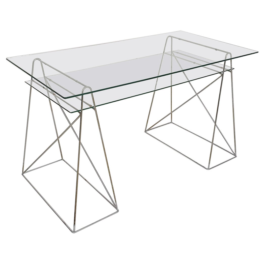 Minimalistic glass and metal desk, France 1970
s For Sale