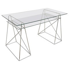 Vintage Minimalistic glass and metal desk, France 1970's